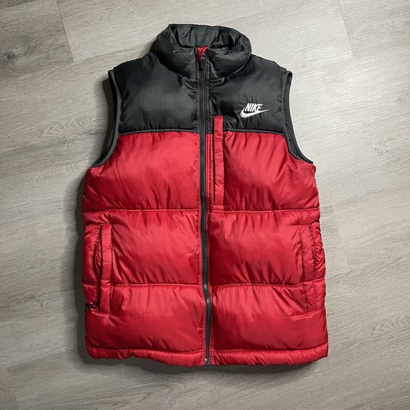 Nike Jackets & Blazers - Vintage 00s Nike Puffer Vest Youth XL Fits Mens S Red Black Winter Swoosh Y2K